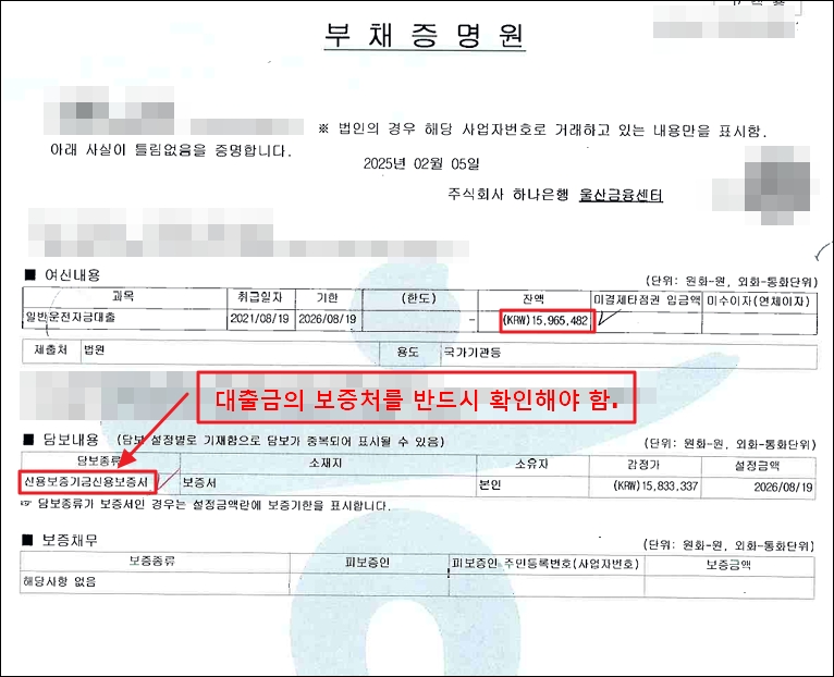 신용보증기금 보증처가 나타나는 하나은행의 부채증명서