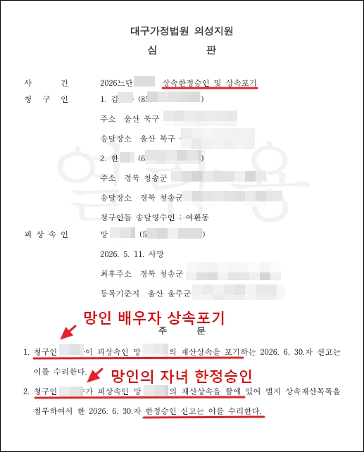 상속포기 및 한정승인 심판문