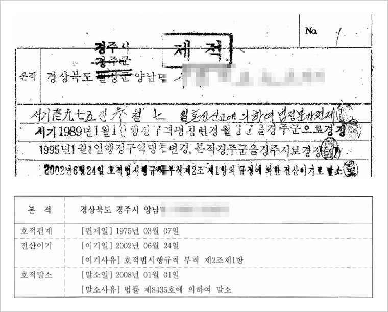 같은 호적의 두 모습 — 위는 1975년 편제된 수기 제적부, 아래는 2002년 전산이기된 제적부입니다.